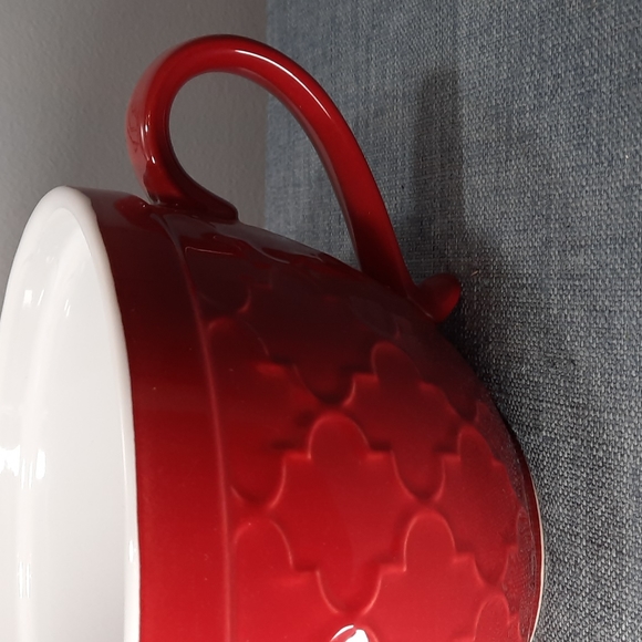 Handled Batter Mixing Bowl Pottery Baking Red Embossed Pattern Bake Baker - Picture 3 of 5